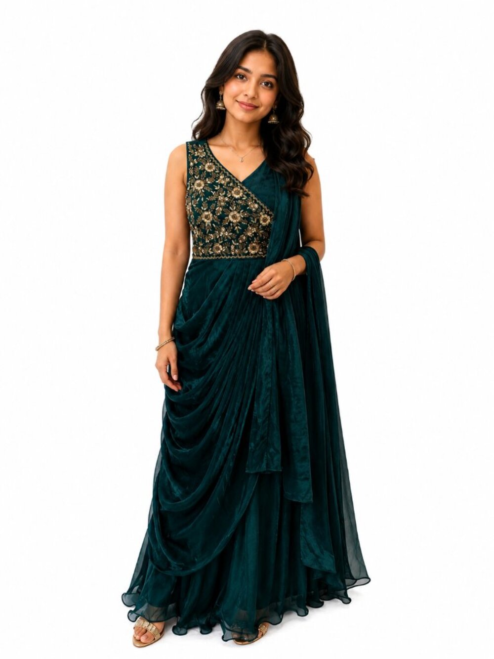 Emerald Green Embroidered Indo-Western Gown for Girls